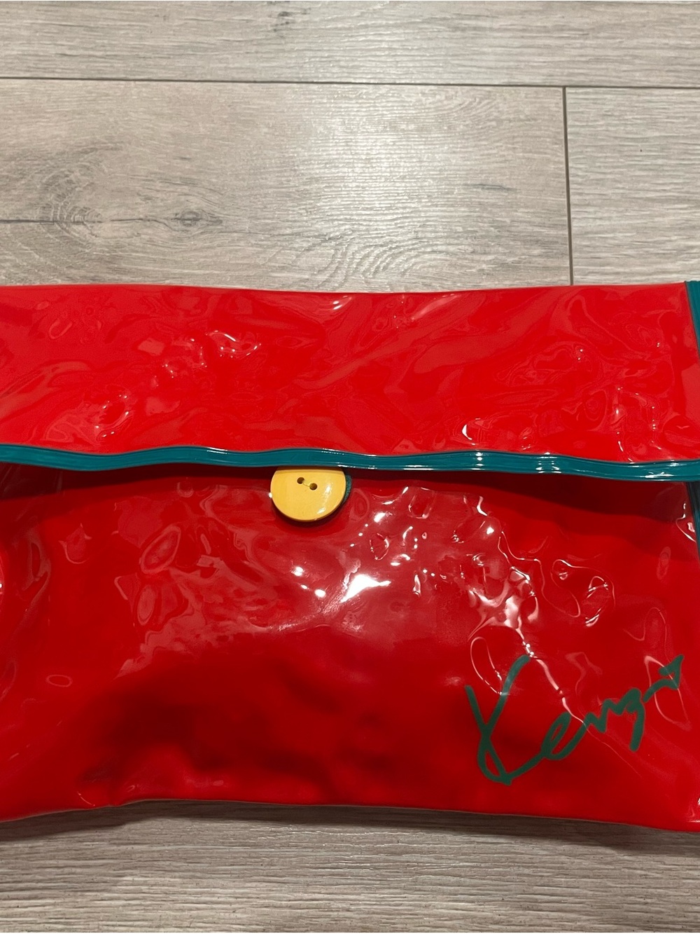 Kenzo Vintage Red Vinyl Foldover Clutch with Teal Trim